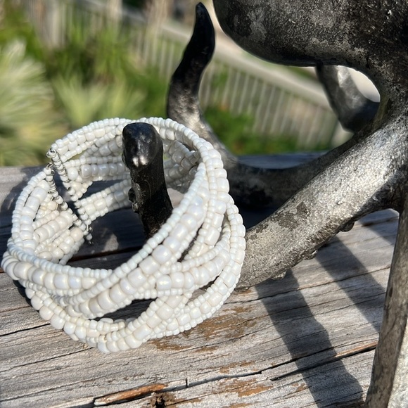 Jewelry - White Pearlized Beaded Braided Boho Cuff Bracelet